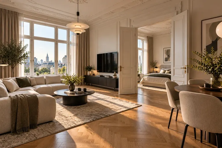 Room in a pre-war apartment with herringbone parquet