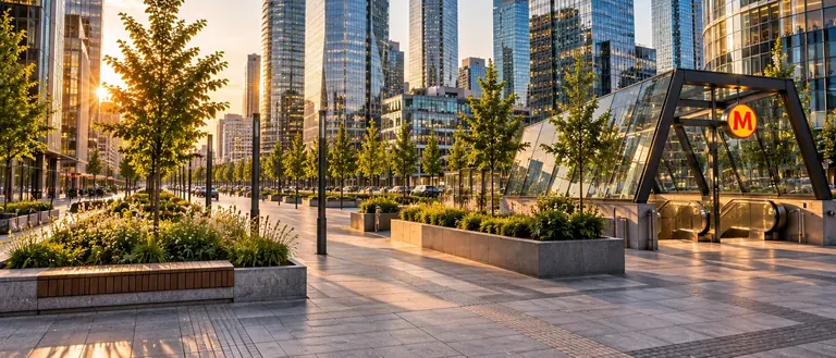 Plaza by a metro entrance among office towers, Wola