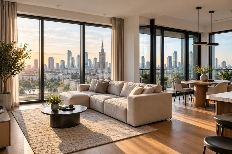 Bright apartment living room with a view of central Warsaw