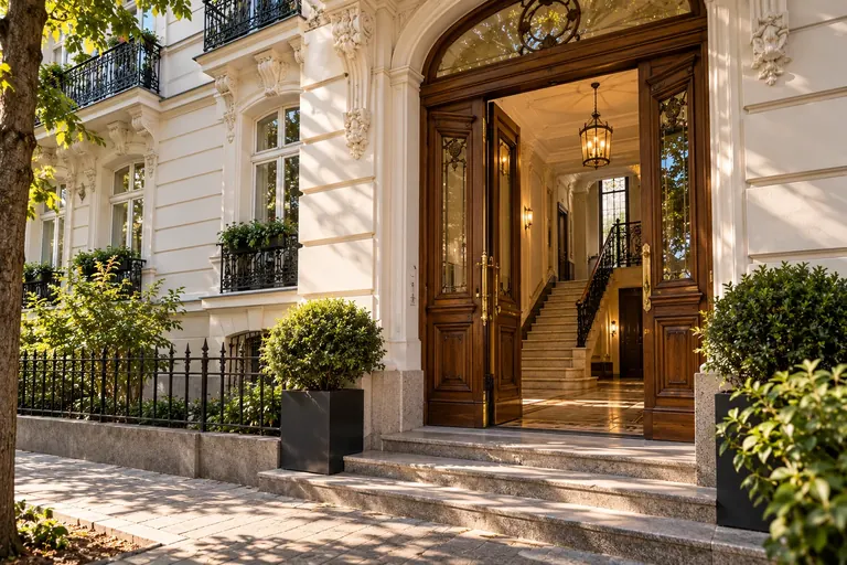 Grand entrance of a restored tenement building