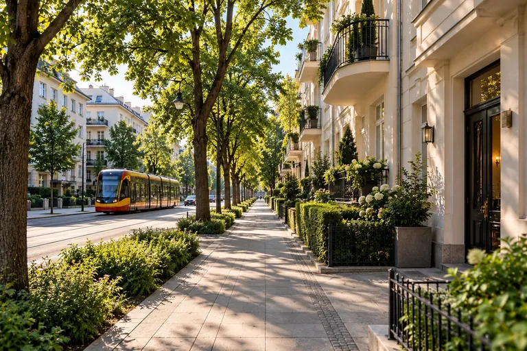 Quiet tree-lined street with a tram, Żoliborz