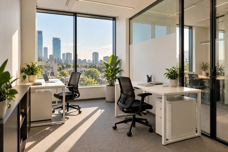 Small two-person office with a city view